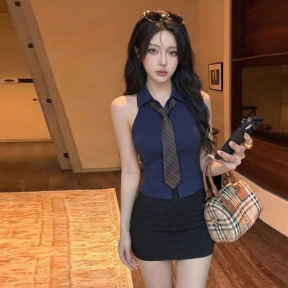 Classic Collared Sleeveless Button-Up Top with Neck Tie