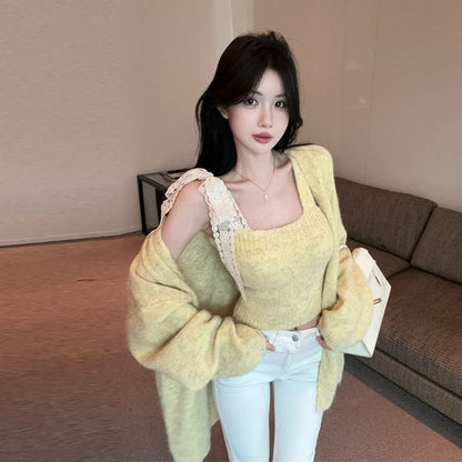 Cozy Knit Top and Cardigan Set with Square Neckline