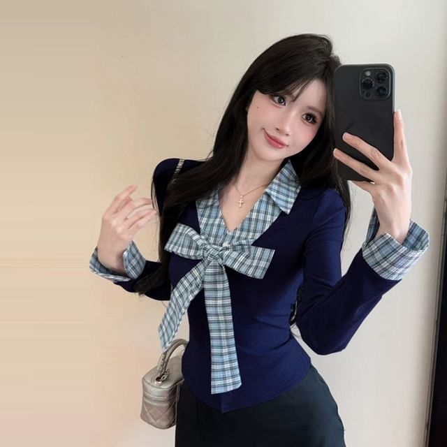 Plaid Panel Button-Up Long Sleeve Shirt with Collar