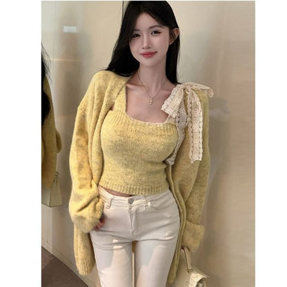 Cozy Knit Top and Cardigan Set with Square Neckline