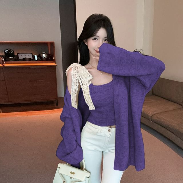 Cozy Knit Top and Cardigan Set with Square Neckline