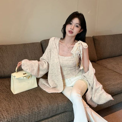 Cozy Knit Top and Cardigan Set with Square Neckline