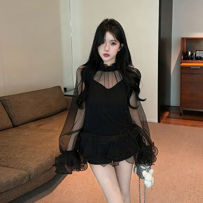 Sheer Ruffle-Trim Long Sleeve Top with Camisole Layer