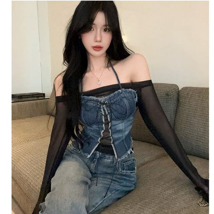 Off-Shoulder Sheer Top with Denim Accent Panels