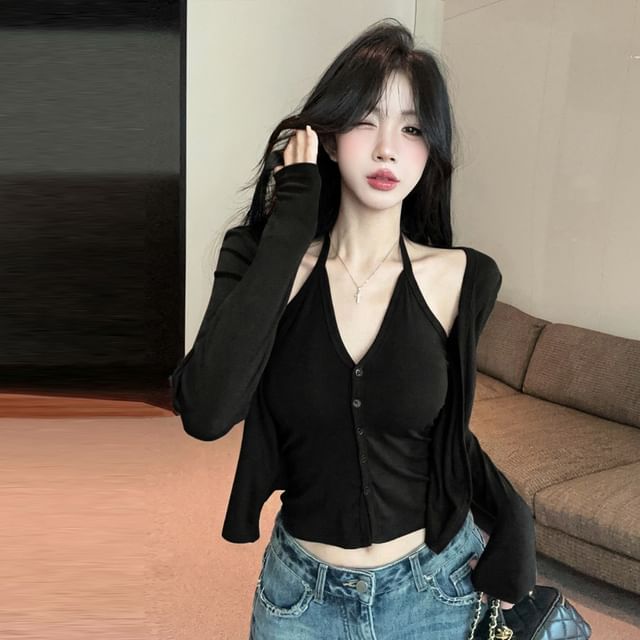 Two-Piece Set: Halter Camisole with Buttons and Cardigan