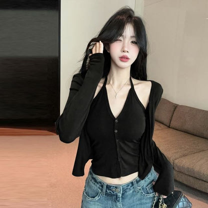 Two-Piece Set: Halter Camisole with Buttons and Cardigan