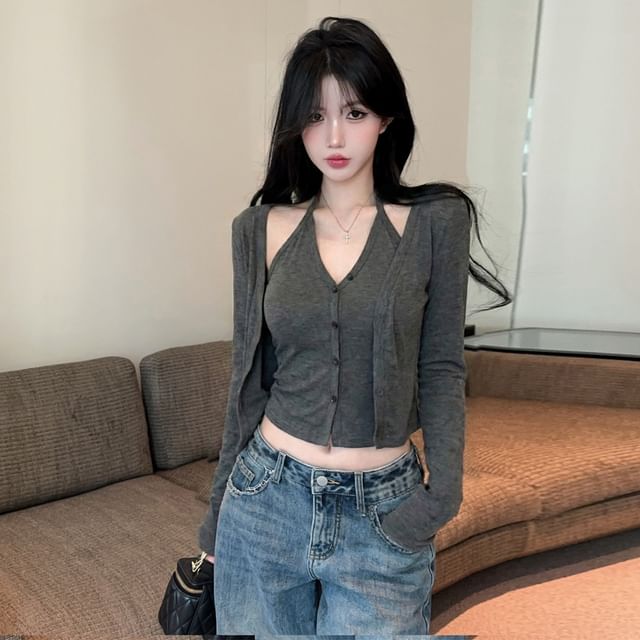 Two-Piece Set: Halter Camisole with Buttons and Cardigan
