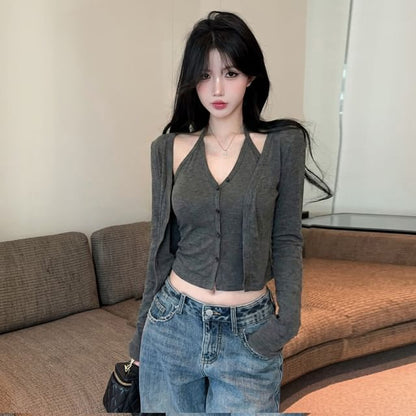 Two-Piece Set: Halter Camisole with Buttons and Cardigan
