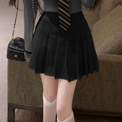 Collared Long Sleeve Sweater with Tie Detail and Pleated Mini Skirt