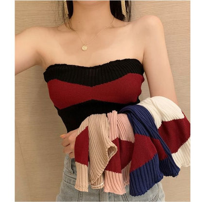 Ribbed Knit Strapless Tube Top in Two-Tone Design