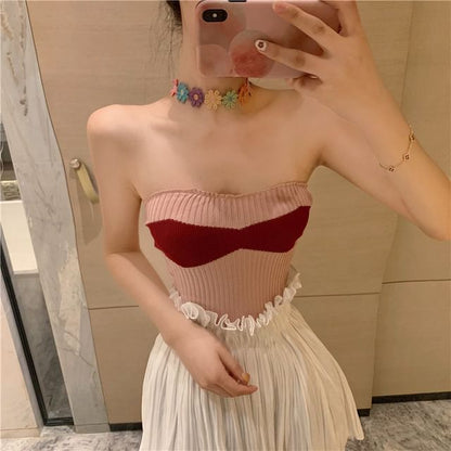 Ribbed Knit Strapless Tube Top in Two-Tone Design