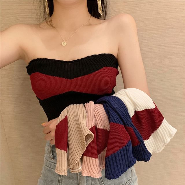 Ribbed Knit Strapless Tube Top in Two-Tone Design