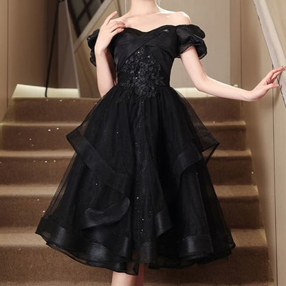 Puff-Sleeve Floral Embroidered Sequin Midi A-Line Cocktail Dress / Evening Gown