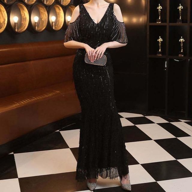 Ruffle Sleeve V-Neck Cold Shoulder Sequin Fringed Mermaid Evening Gown