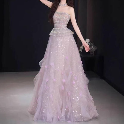 Strapless Sequin Flower Accent Ruffle Trim A-Line Evening Gown