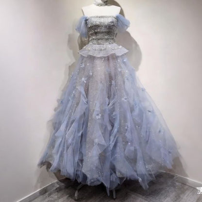 Strapless Sequin Flower Accent Ruffle Trim A-Line Evening Gown