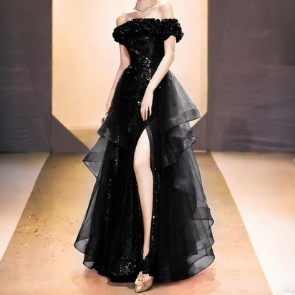 Off-Shoulder Sequin Slit A-Line Evening Gown