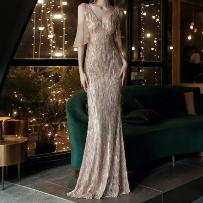 Ruffle Sleeve V-Neck Cold Shoulder Sequin Fringed Mermaid Evening Gown