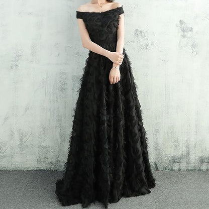 Off-Shoulder Plain Feather Accent A-Line Evening Gown