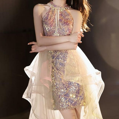 Halter Neck Sequin Faux Pearl Cutout High Low A-Line Cocktail Dress