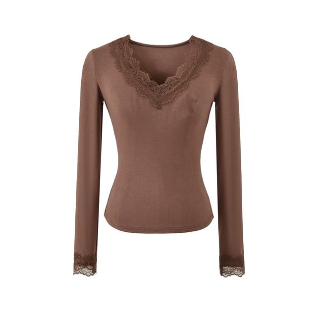 V-Neck Panel Lace Top with Long Sleeves