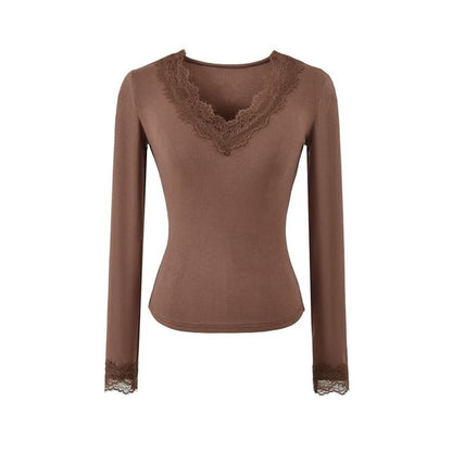V-Neck Panel Lace Top with Long Sleeves
