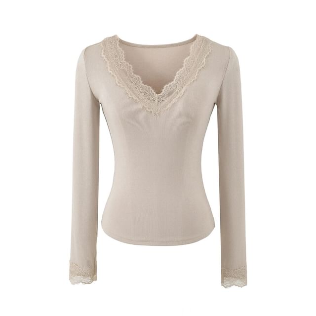 V-Neck Panel Lace Top with Long Sleeves