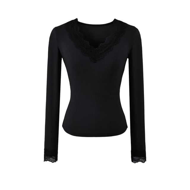 V-Neck Panel Lace Top with Long Sleeves