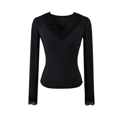 V-Neck Panel Lace Top with Long Sleeves