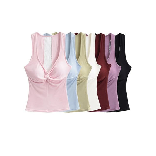 V-Neck Twist Padded Lace Tank Top