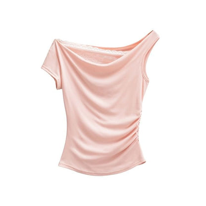 Cowl Neck Mock Two Piece Ruched Lace Top