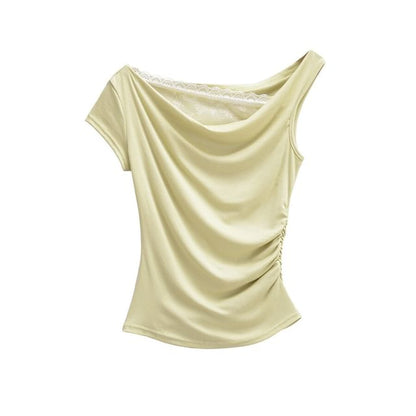 Cowl Neck Mock Two Piece Ruched Lace Top