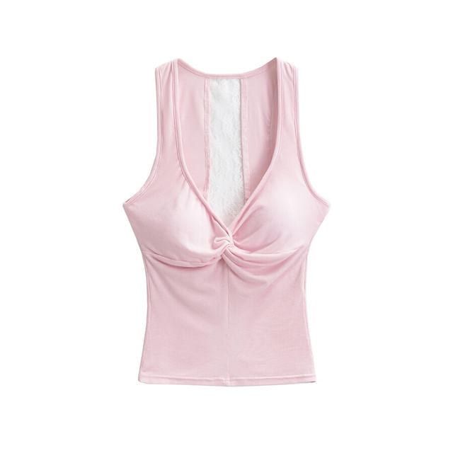 V-Neck Twist Padded Lace Tank Top