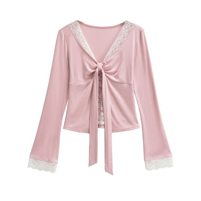 V-Neck Tie-Up Panel Lace Top