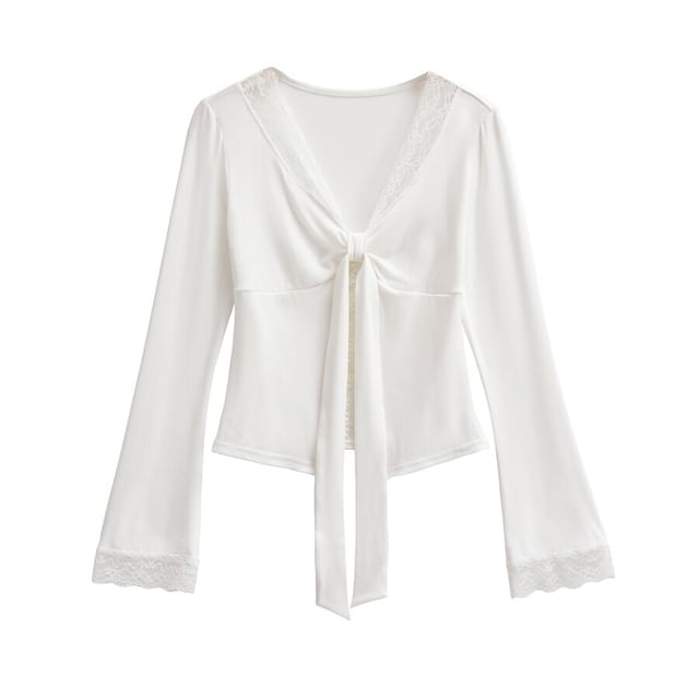 V-Neck Tie-Up Panel Lace Top