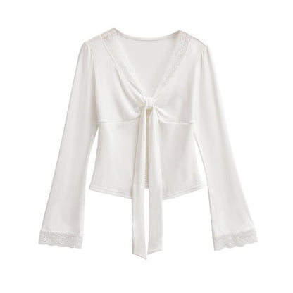 V-Neck Tie-Up Panel Lace Top