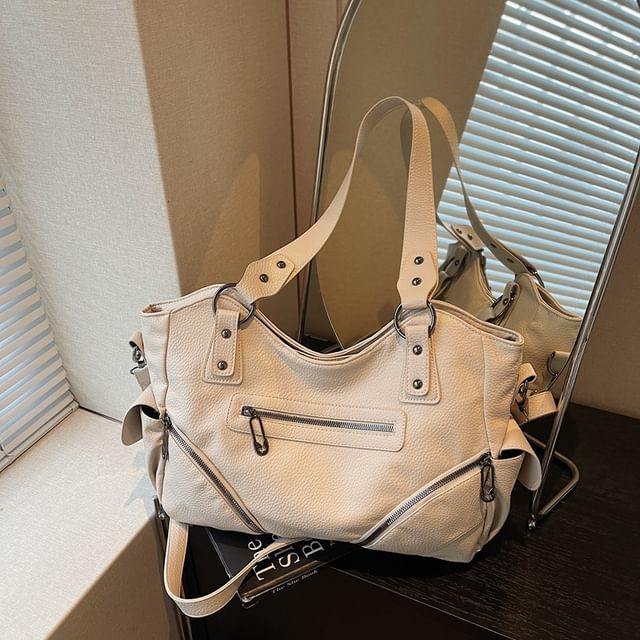 Zip Studded Flap Pocket Tote Bag