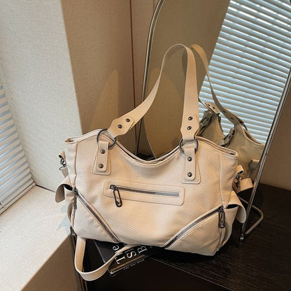 Zip Studded Flap Pocket Tote Bag