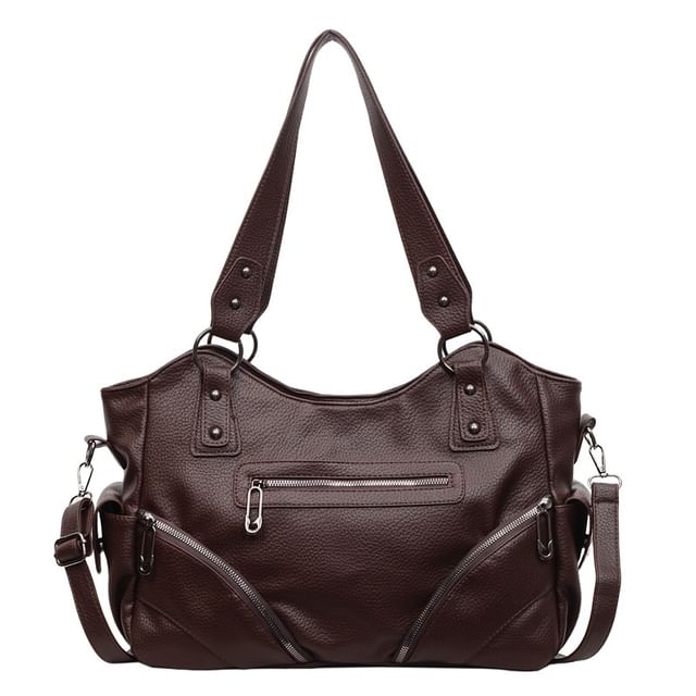 Zip Studded Flap Pocket Tote Bag