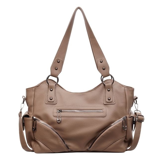 Zip Studded Flap Pocket Tote Bag