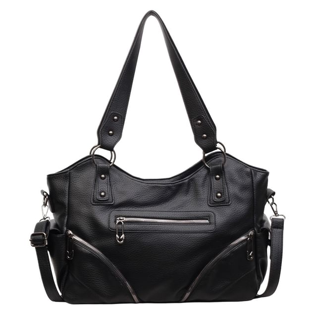Zip Studded Flap Pocket Tote Bag