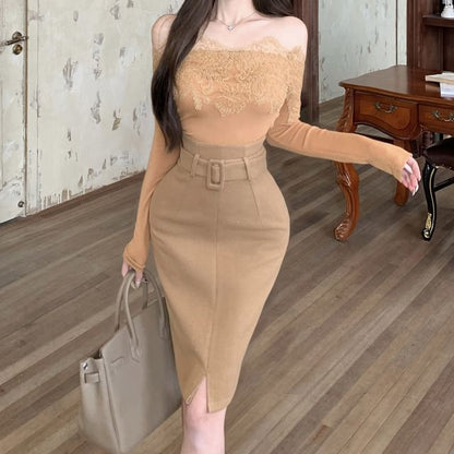 Off Shoulder Lace Trim Top and Belted Pencil Skirt Set