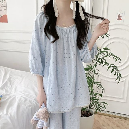 Dotted Lace Trim Pajama Set with Top and Pants