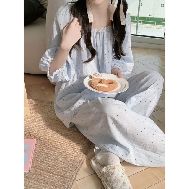 Dotted Lace Trim Pajama Set with Top and Pants