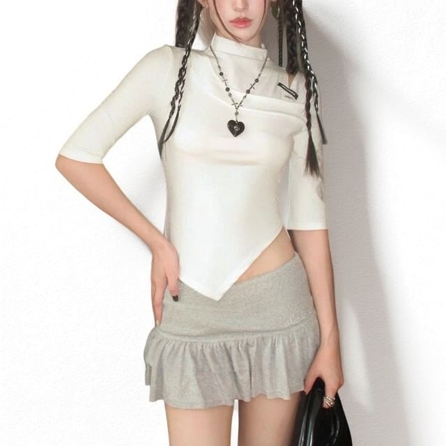 Asymmetrical Cutout Crop Tee with Elbow Sleeves