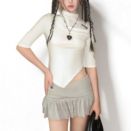 Asymmetrical Cutout Crop Tee with Elbow Sleeves