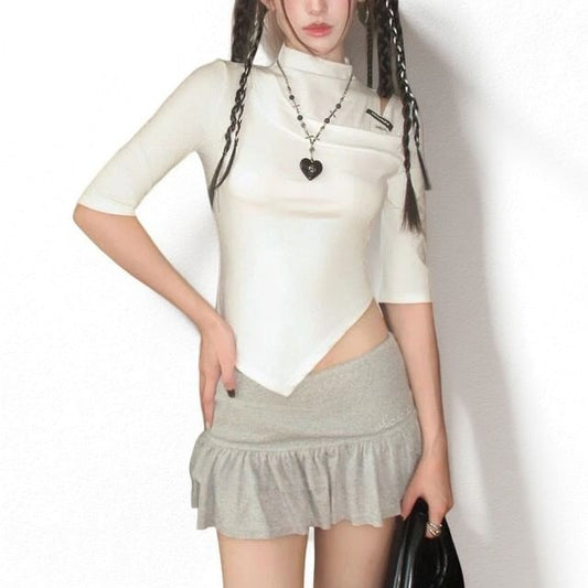 Asymmetrical Cutout Crop Tee with Elbow Sleeves
