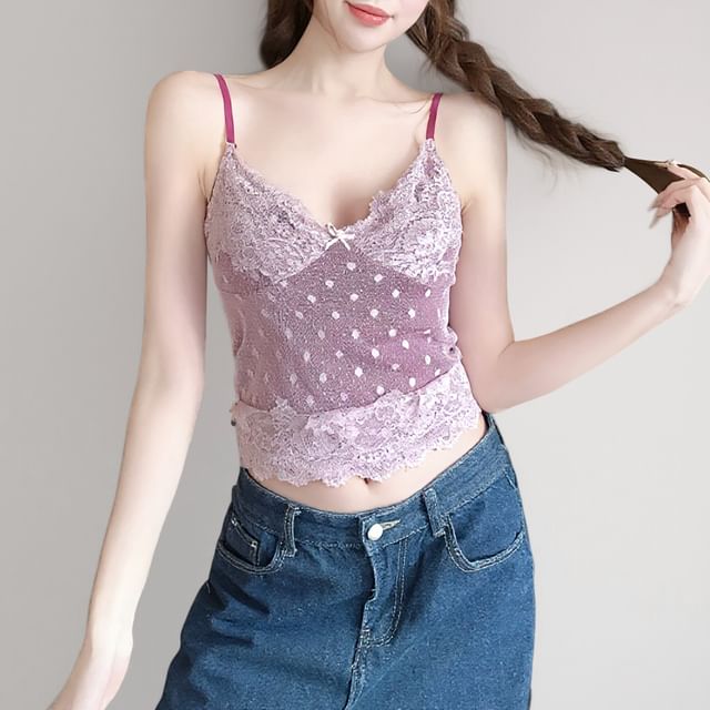 Lace-Trim Crop Camisole with V-Neck and Cutout Back