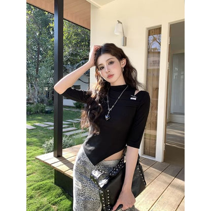 Asymmetrical Cutout Crop Tee with Elbow Sleeves