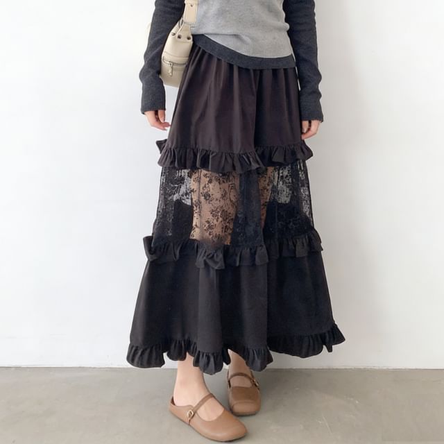Maxi A-Line Skirt with Ruffle Trim and Lace Panel